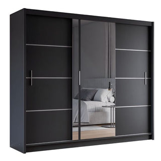 Black 3-door sliding wardrobe with mirrored door and horizontal silver detailing.