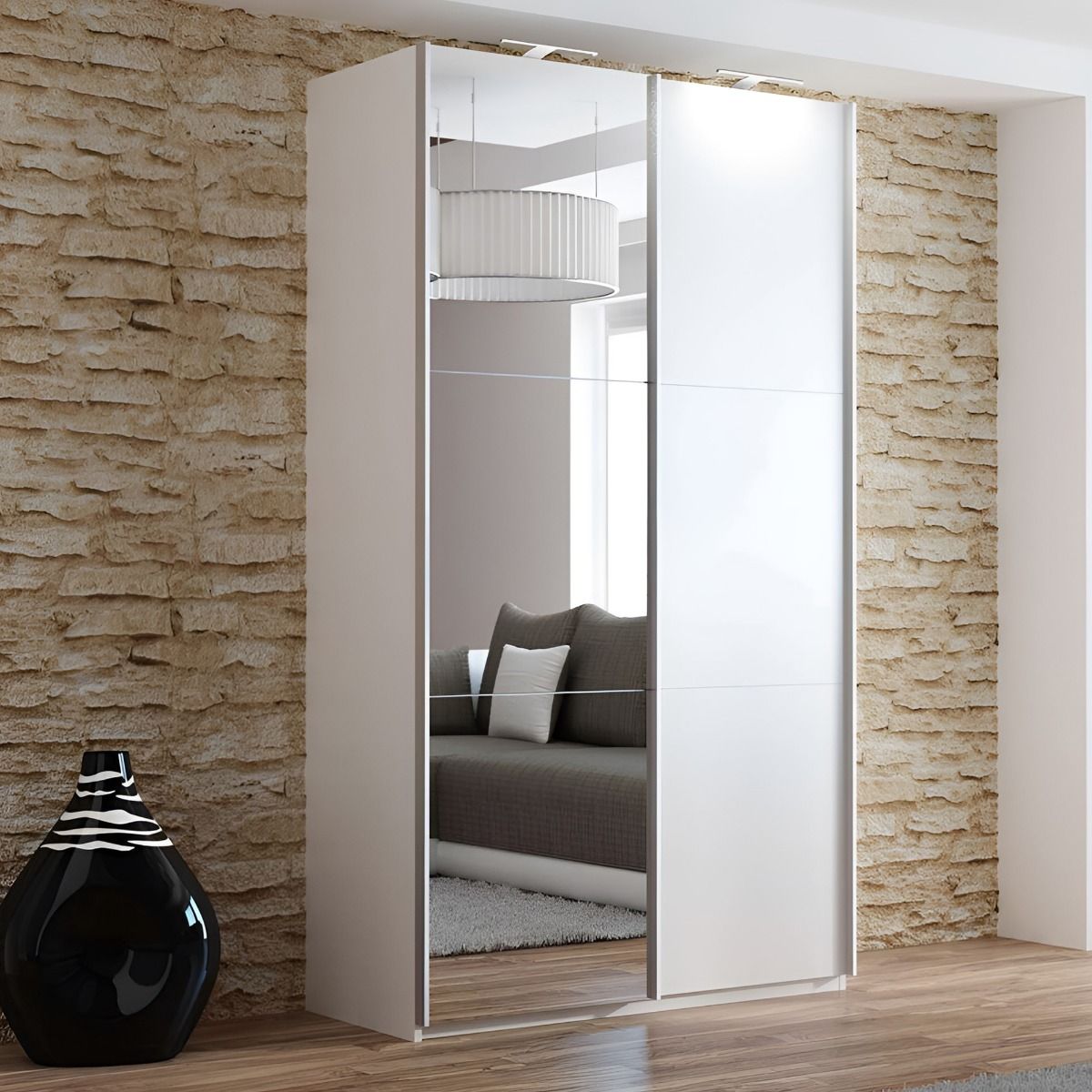 White 122cm 2 door sliding wardrobe with mirrored front panels
