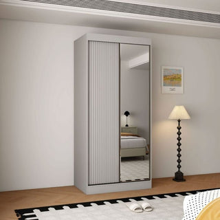 Grey 2-door sliding wardrobe with one mirrored door and a textured grooved panel.