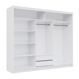 White sliding wardrobe interior with shelves and hanging rails