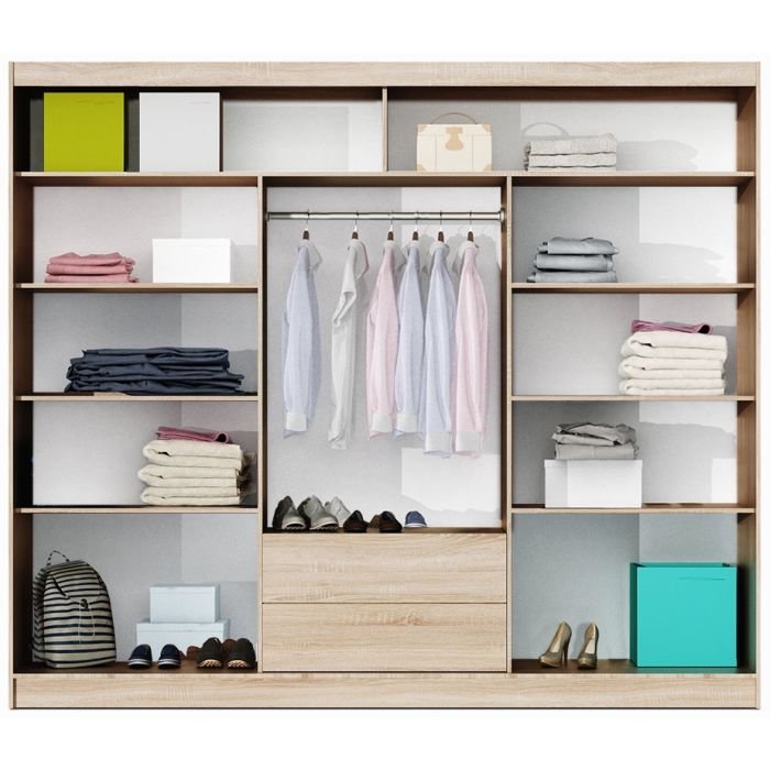 Oak Sonoma 3 door sliding wardrobe interior with hanging space, shelves, and drawers