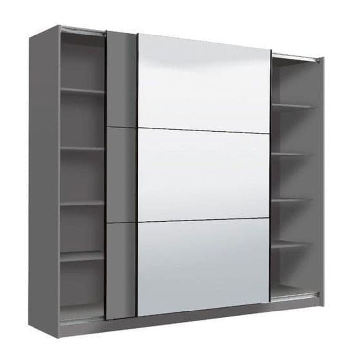 Grey 2-door sliding wardrobe with three mirrored panels on the right doors