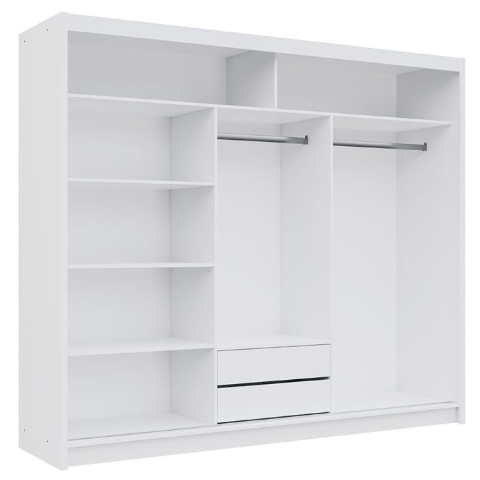 White 3-door sliding wardrobe interior with shelves and two drawers visible