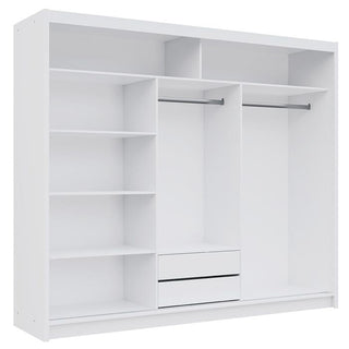White 3-door sliding wardrobe interior with shelves and two drawers visible