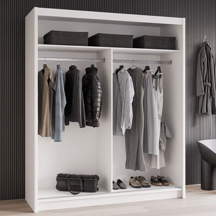 White two door sliding wardrobe with mirrored door and internal storage view with clothes and shelves