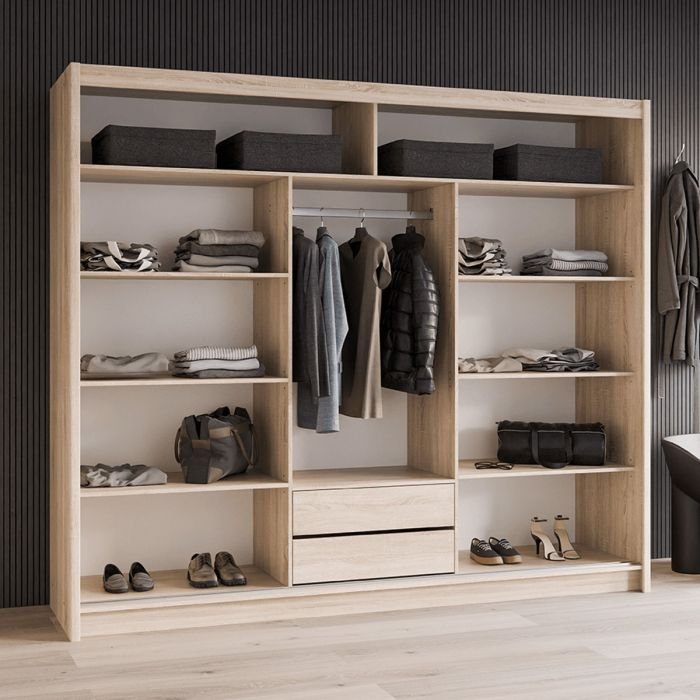 BROADLAND three-door sliding wardrobe in oak sonoma finish with internal shelving, hanging and drawers.