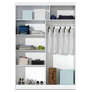 CHOICEWARDROBE HIGHLAND white sliding wardrobe interior with folded clothes, shoes, boxes, and hanging shirts.
