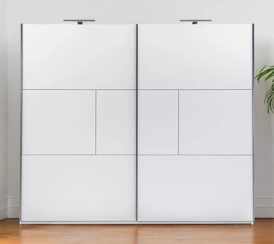 CASTELLOA 2-door sliding wardrobe, white, with modern symmetric panel design