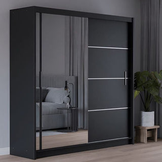 Black 2 door sliding wardrobe with mirrored door, 203cm wide