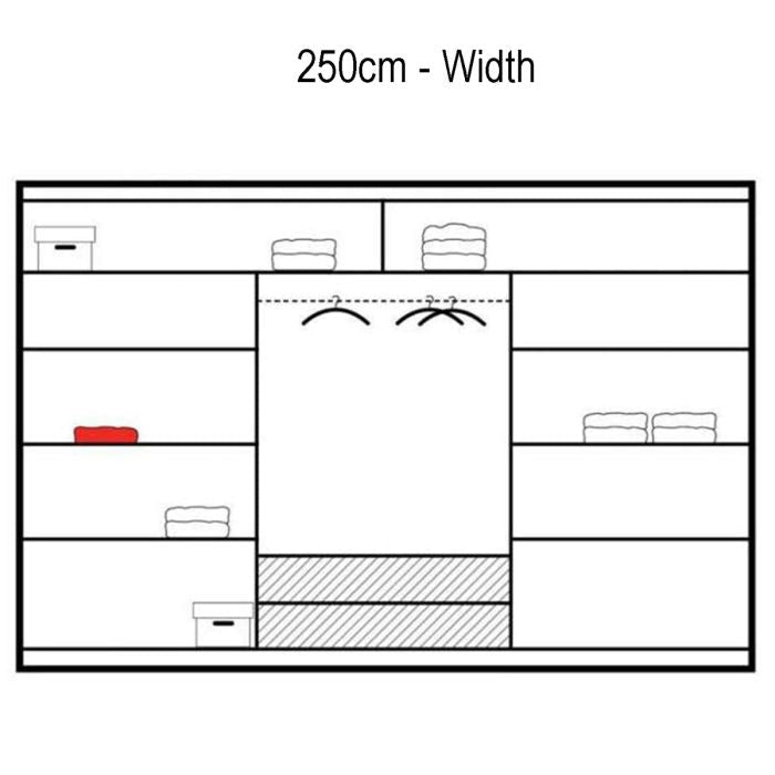 Diagram of the Sliding Wardrobe - ROTHERHAM 3 Door Wardrobe White 250cm, showing open shelves, drawers, a central hanging section with two hangers, integrated LED lights, and assorted folded items and boxes inside.