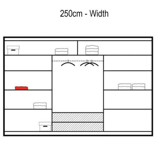 Diagram of the Sliding Wardrobe - ROTHERHAM 3 Door Wardrobe White 250cm, showing open shelves, drawers, a central hanging section with two hangers, integrated LED lights, and assorted folded items and boxes inside.