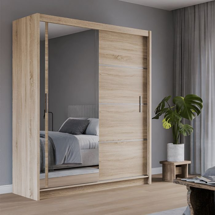 Light wood Sonoma 180cm sliding door wardrobe with mirrored panel