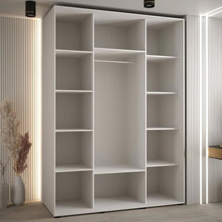 White wooden wardrobe with 3 sliding doors and internal shelving