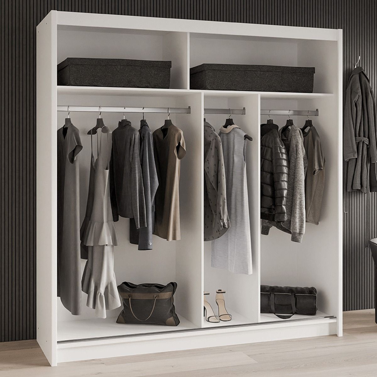 White 2-door sliding wardrobe interior with hanging clothes, handbags, and shoes. Two storage boxes on top shelf.