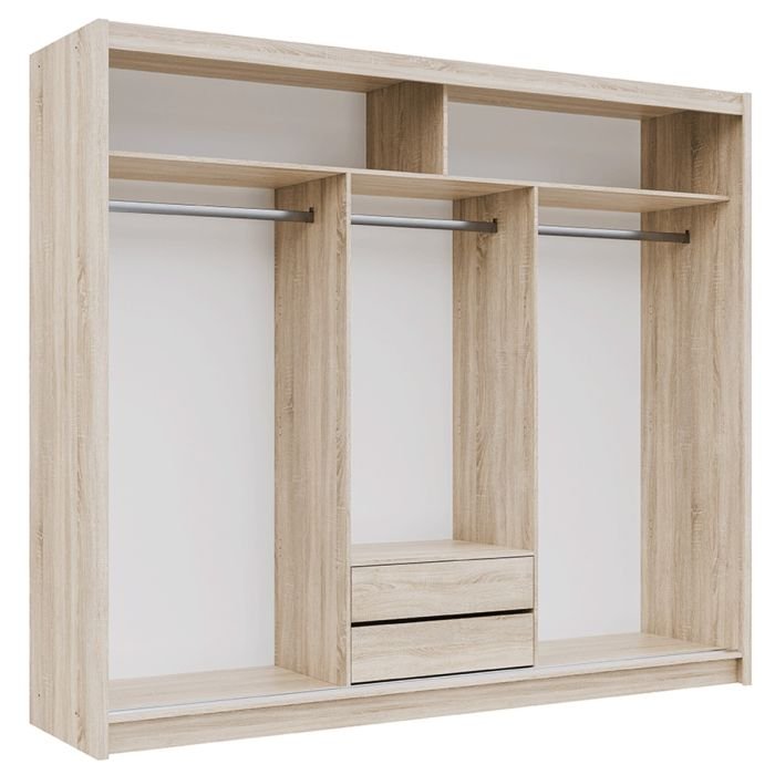 LUZERN 3 door sliding wardrobe in light Oak Sonoma finish showing internal shelves and hanging rails
