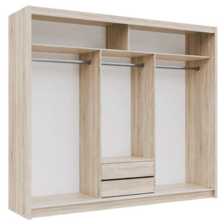 LUZERN 3 door sliding wardrobe in light Oak Sonoma finish showing internal shelves and hanging rails