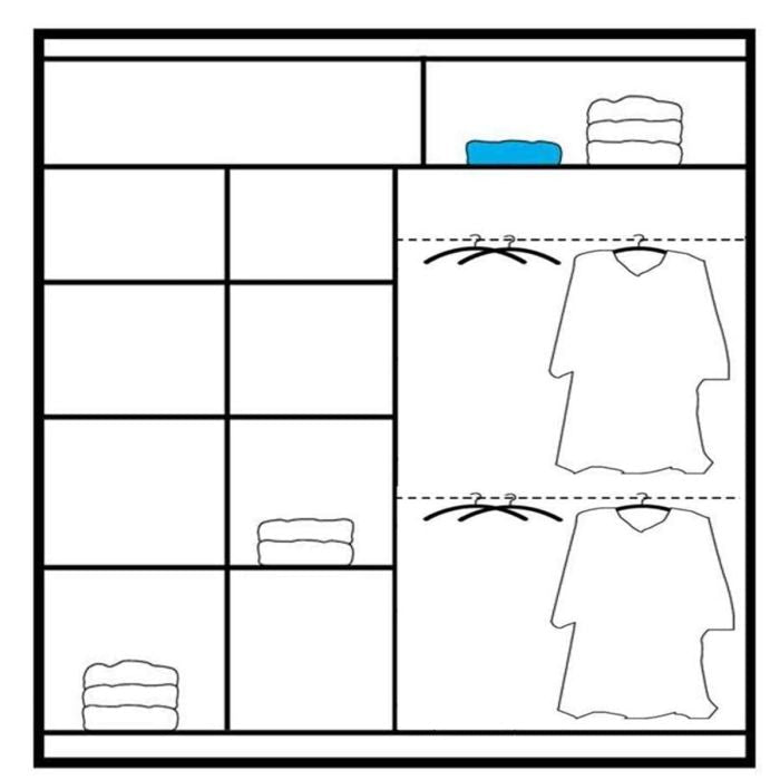 Wardrobe storage diagram showing shelving and hanging space layout.