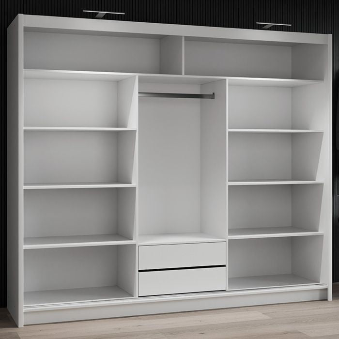 White 3 door sliding wardrobe with mirrored doors, showing shelves and drawers interior