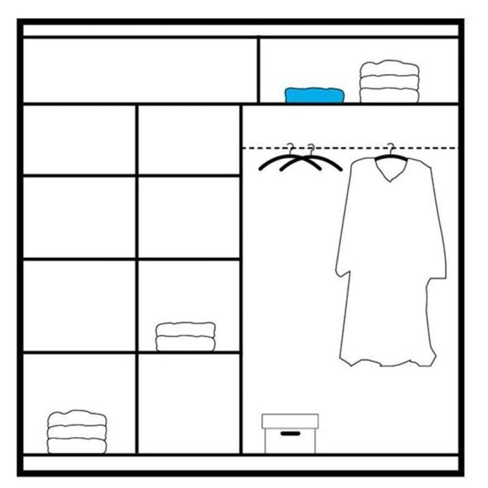 Diagram of HIGHLAND 2-door mirrored wardrobe with internal shelves, hanging rail, clothes, and storage box.
