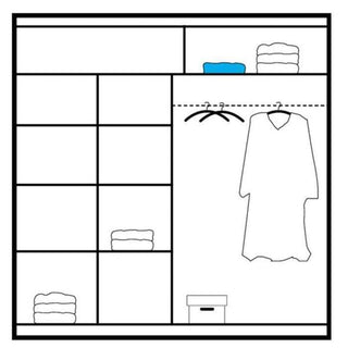 Diagram of HIGHLAND 2-door mirrored wardrobe with internal shelves, hanging rail, clothes, and storage box.