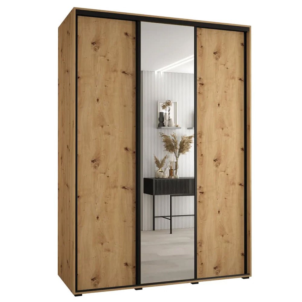 Artisan Oak wardrobe with 3 sliding doors, 2 mirrored, 1 wooden