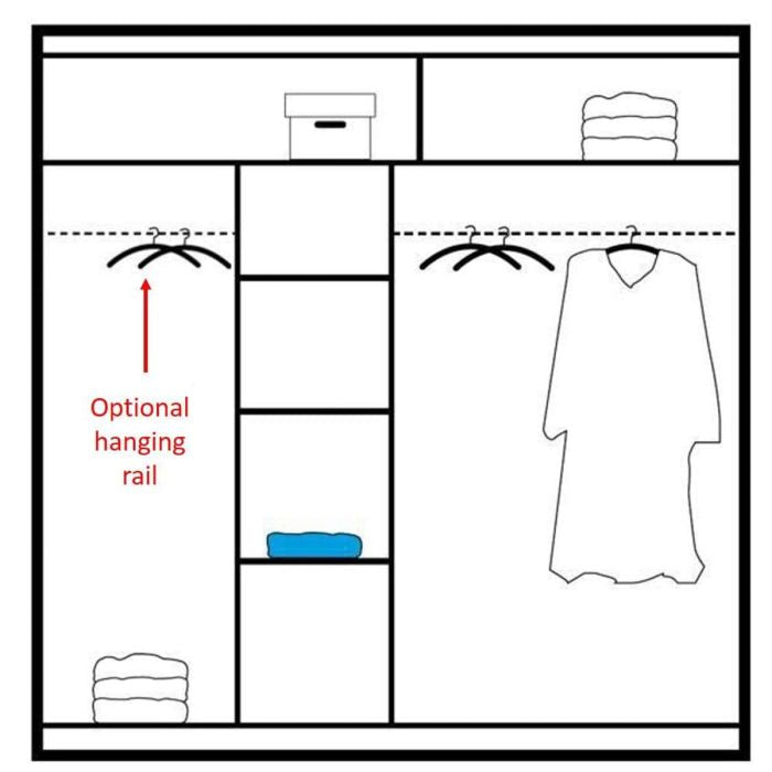 Wardrobe interior layout diagram showing shelves, hanging rails, and optional hanging rail.