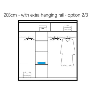 203cm sliding wardrobe internal layout diagram with two hanging rails and shelves