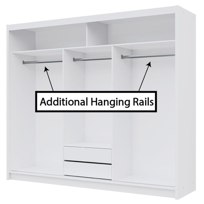 White sliding wardrobe interior with shelves and hanging rails, showing additional hanging rails.
