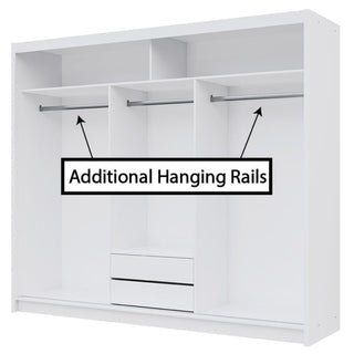 White sliding wardrobe interior with shelves and hanging rails, showing additional hanging rails.