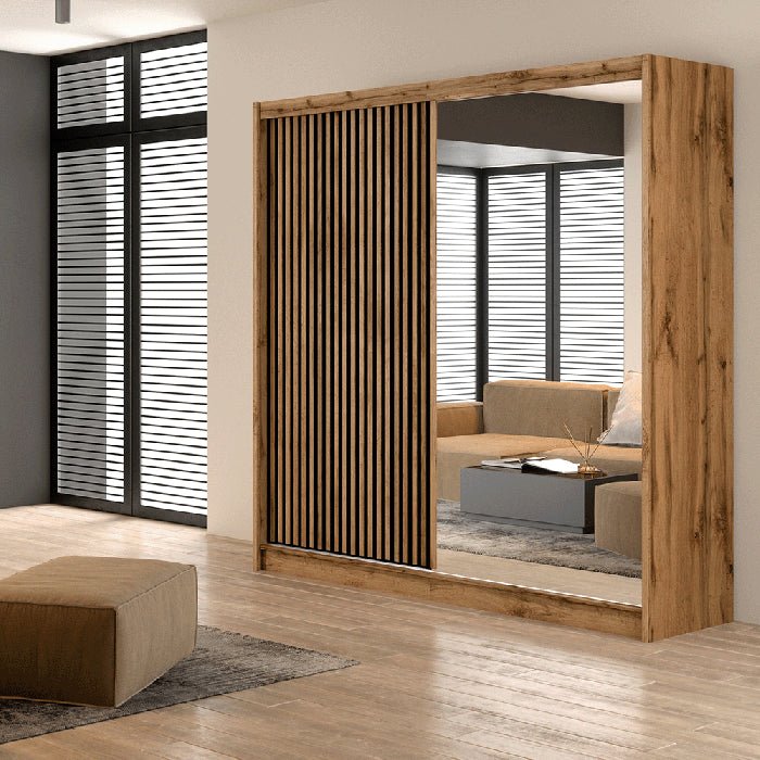 CALVERO 2 Door Sliding Wardrobe in Medium Oak with mirrored and slatted doors