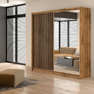 CALVERO 2 Door Sliding Wardrobe in Medium Oak with mirrored and slatted doors