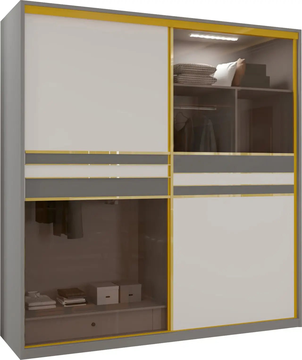 Modern sliding wardrobe with white doors, gold trim, and visible LED lighting.
