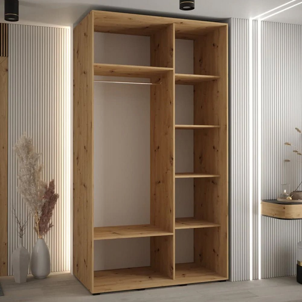CANON wooden wardrobe with 2 sliding doors in Artisan Oak finish, showing interior shelves and hanging rail.