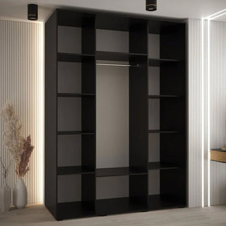 Black wooden wardrobe with 3 sliding doors and internal shelving