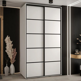 White wooden wardrobe with 2 black framed sliding doors