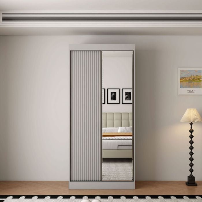 VIENNA 100cm grey 2-door sliding wardrobe with one mirrored door and textured panel