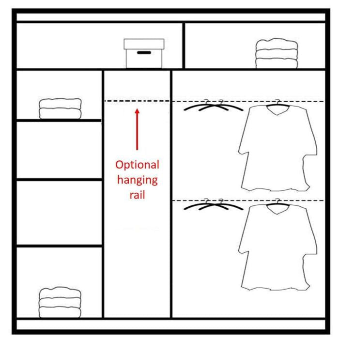 Diagram of the HIGHLAND 2 Door Mirrored Wardrobe White 203cm, featuring modular shelves on the left, a top shelf, an optional central hanging rail, and double shirt rails on the right. Folded items illustrate this practical white wardrobe design.