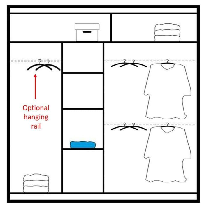 Line drawing diagram of a 2-door sliding wardrobe interior showing shelving and hanging rail options.