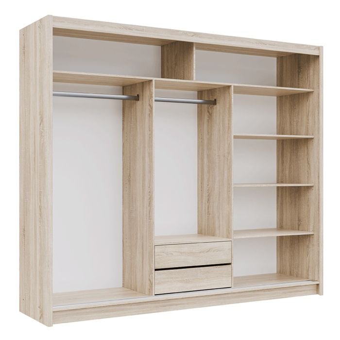 Oak Sonoma 3 door sliding wardrobe with visible internal shelves and drawers