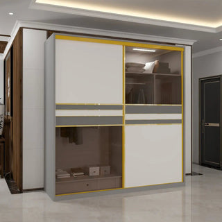 Modern sliding wardrobe with white doors, glass panels, and LED lighting