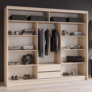 LUZERN 3-door sliding wardrobe in Oak Sonoma finish with hanging rail, shelves, and drawers.