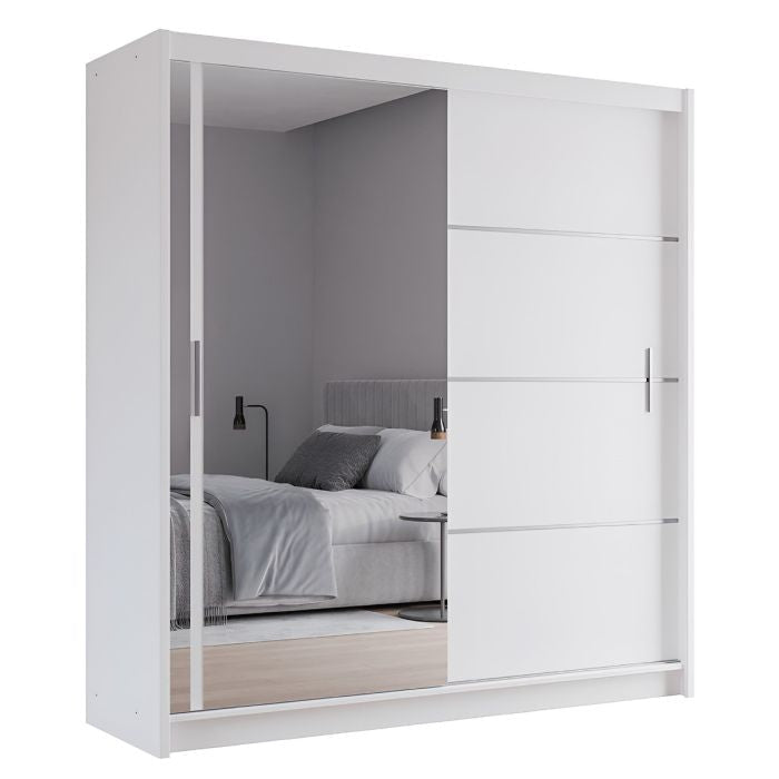 White 2 door sliding wardrobe with mirrored panel visible