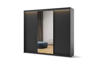 ALPHA SLIDING 3 DOOR WARDROBE BLACK 250CM with mirrored centre door and LED lighting