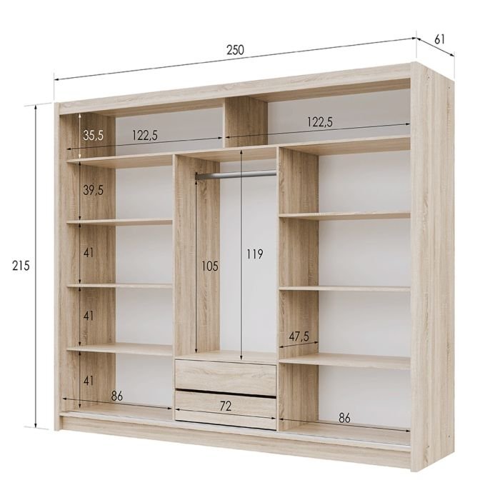 Diagram of Broadland 3-door sliding wardrobe, oak Sonoma finish, showing dimensions and mirrored doors.