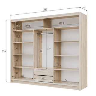 Diagram of Broadland 3-door sliding wardrobe, oak Sonoma finish, showing dimensions and mirrored doors.