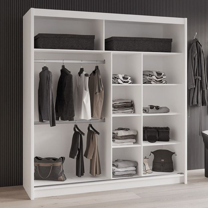 White 2 door sliding wardrobe with mirror, showing shelves and hanging rails inside