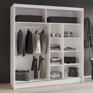 White 2 door sliding wardrobe with mirror, showing shelves and hanging rails inside