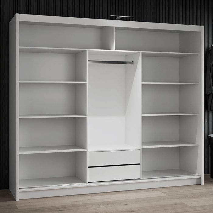 White 3-door sliding wardrobe LUZERN 250cm with mirrored door and visible internal shelves and drawers