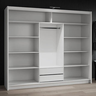 White 3-door sliding wardrobe LUZERN 250cm with mirrored door and visible internal shelves and drawers
