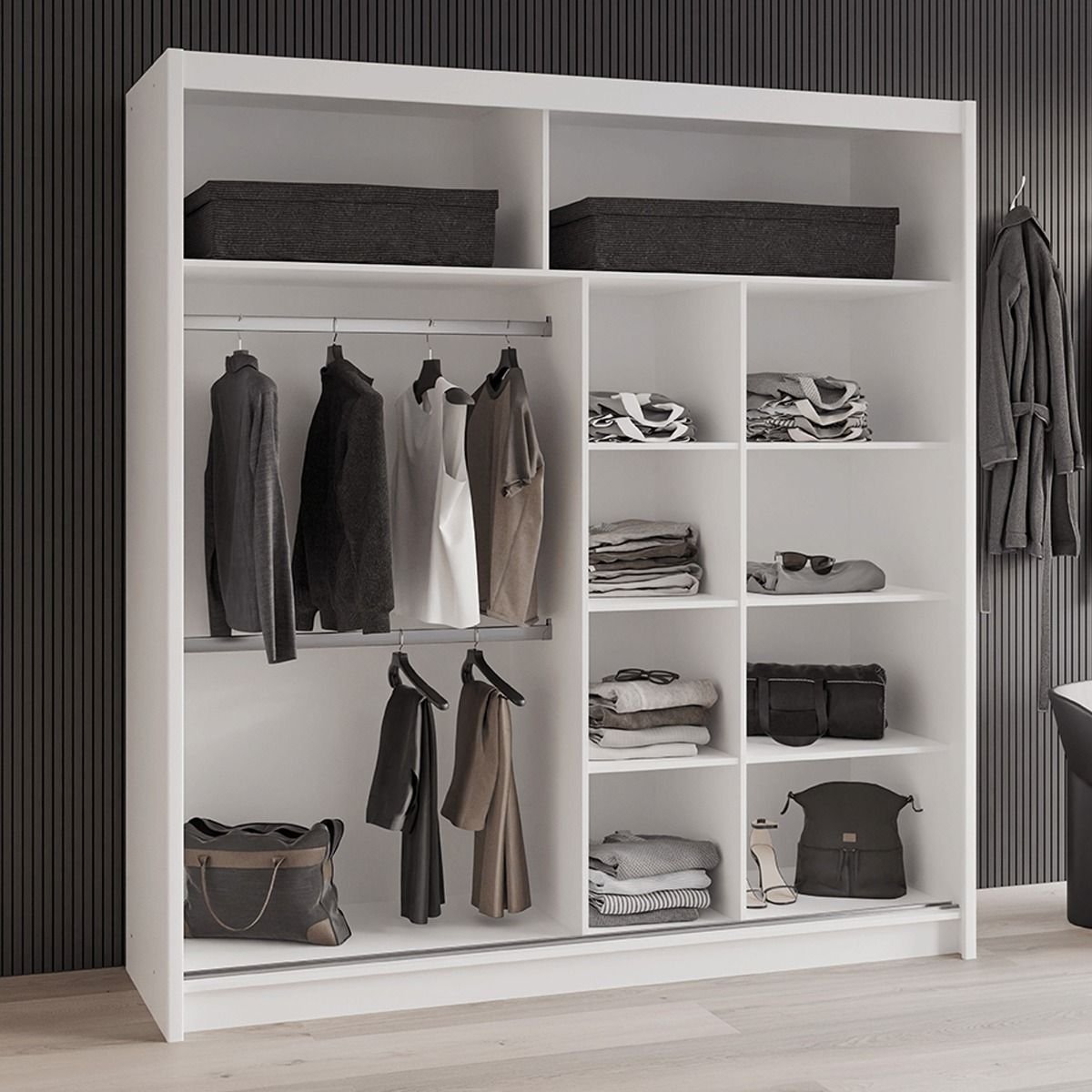 White 2-door sliding wardrobe interior with hanging space and shelves, showing clothes and storage boxes.